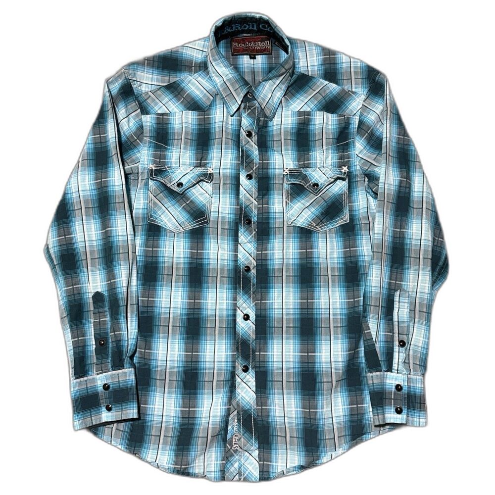 Rock & Roll Cowboy Shirt M Plaid Snap Medium Pearl Snap Western Rodeo 82SS429